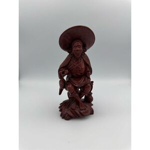 Red Wood Hand Carved Sculpture Sitting Chinese Old Wise Man with Fish